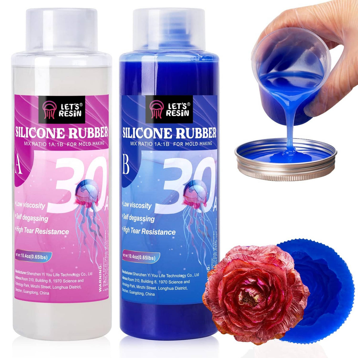 Silicone rubber bottles and blue resin mix with rose-shaped silicone mold