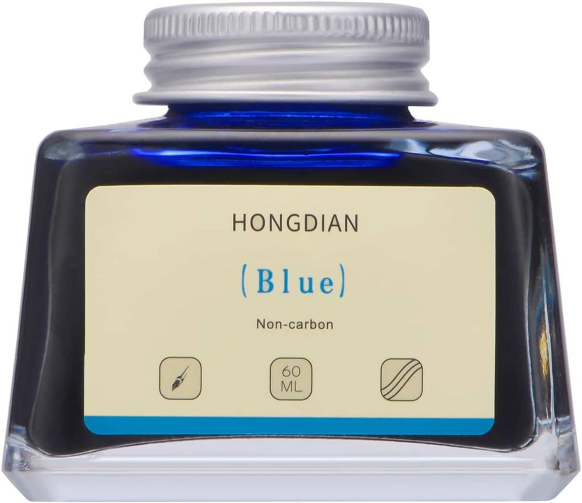 Hongdian Blue non-carbon 60 ml fountain pen ink bottle, front view on clear base