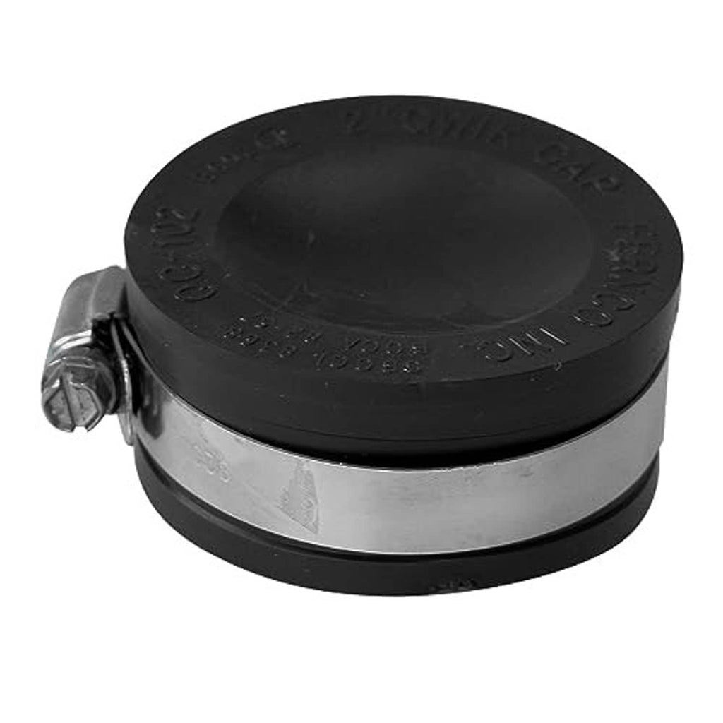 PVC pipe end cap with black top, silver band, and metal clamp bolt close-up