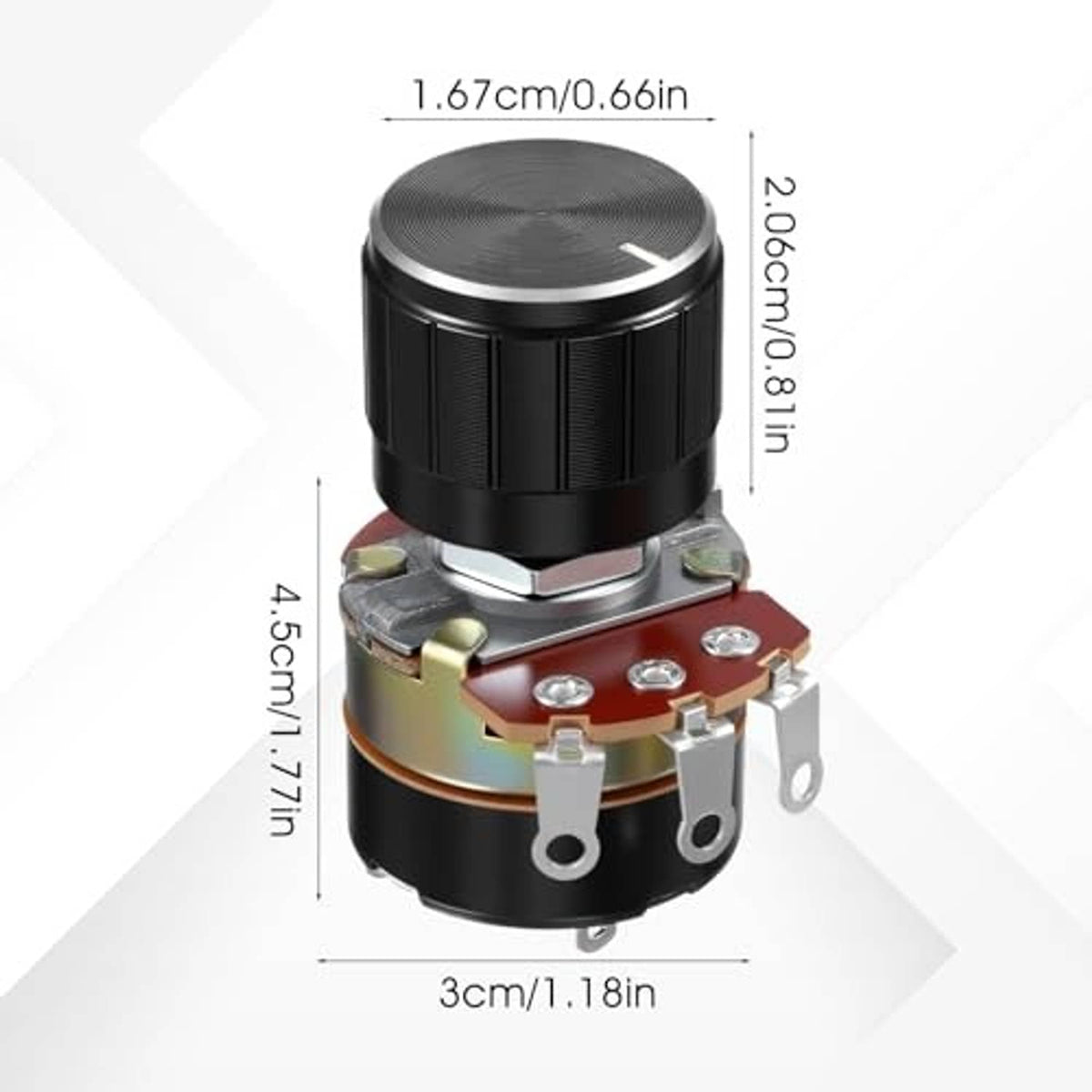 Black knurled potentiometer knob with metal mounting base and 3-pin terminal block