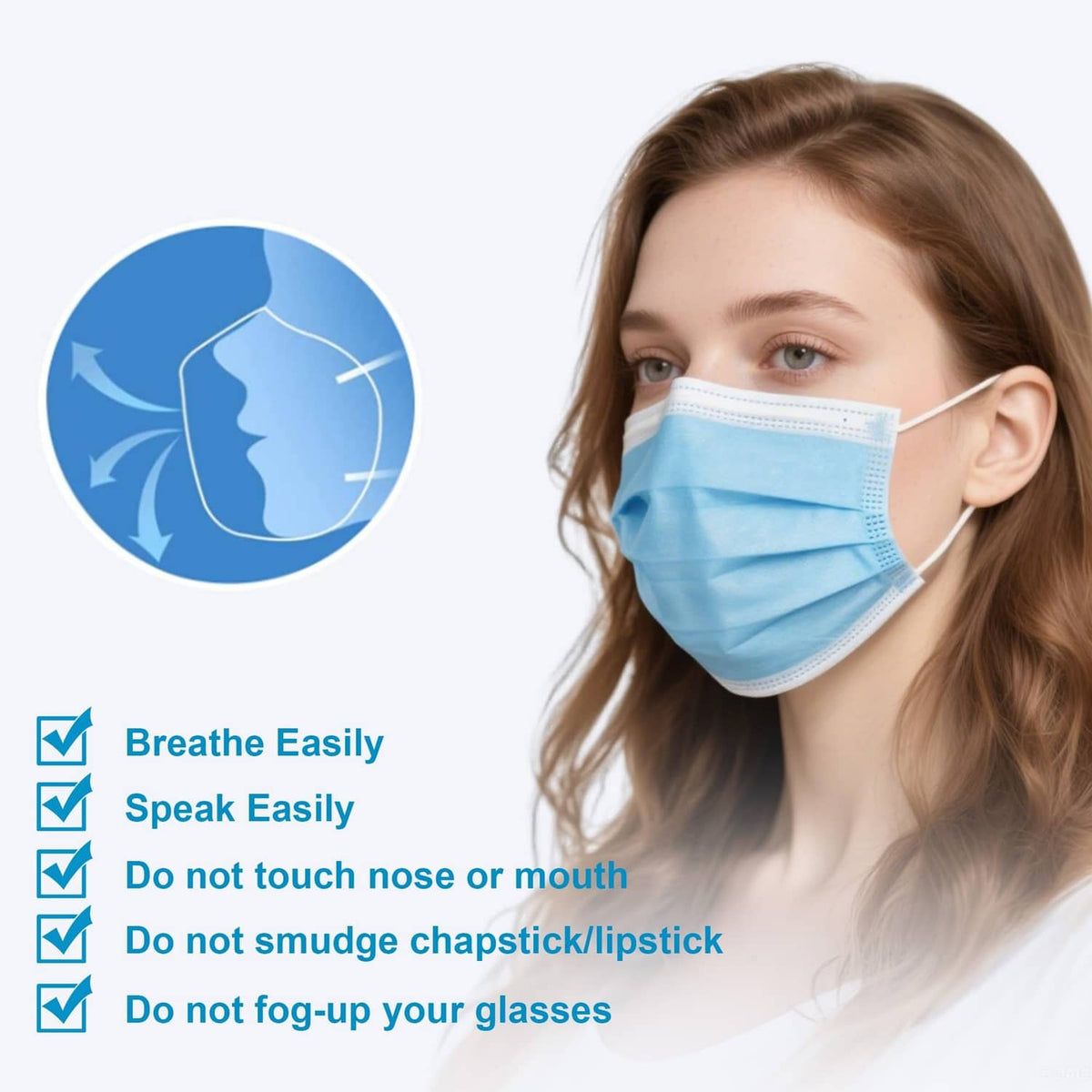 Blue disposable face mask on woman with safety checklist icons on the side.
