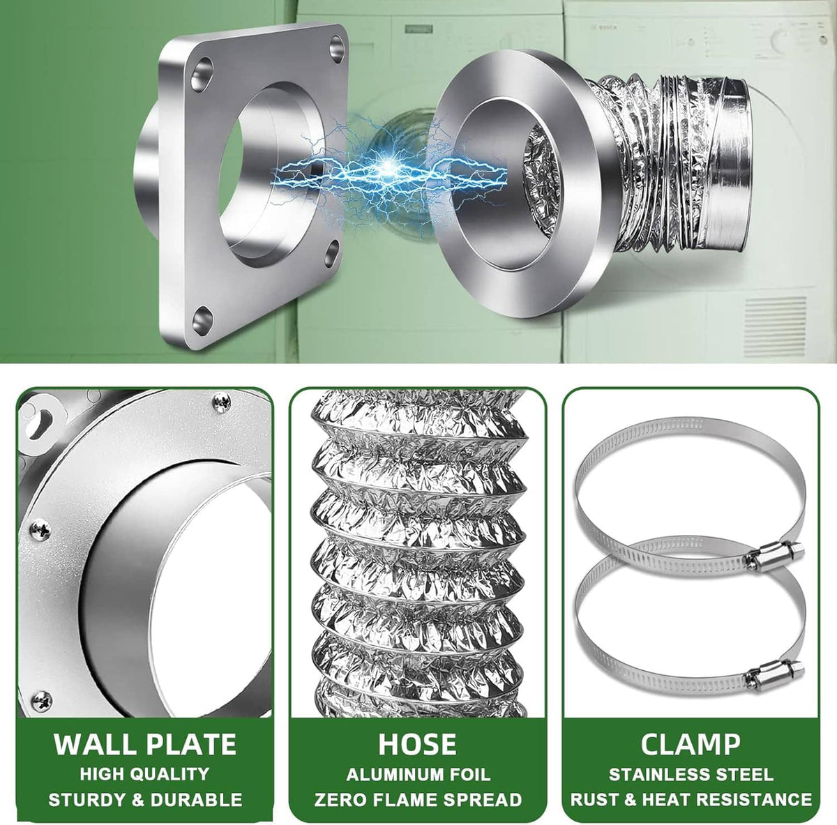 Magnetic dryer vent coupling set with wall plate, aluminum foil hose, and steel clamp