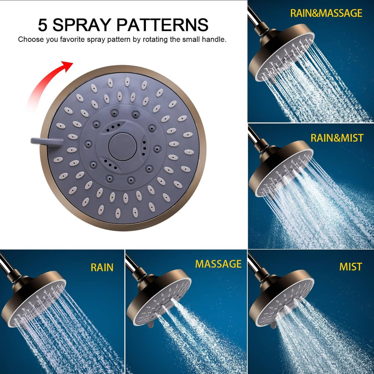 Oil-rubbed bronze shower head face with multiple nozzles for 5 spray patterns