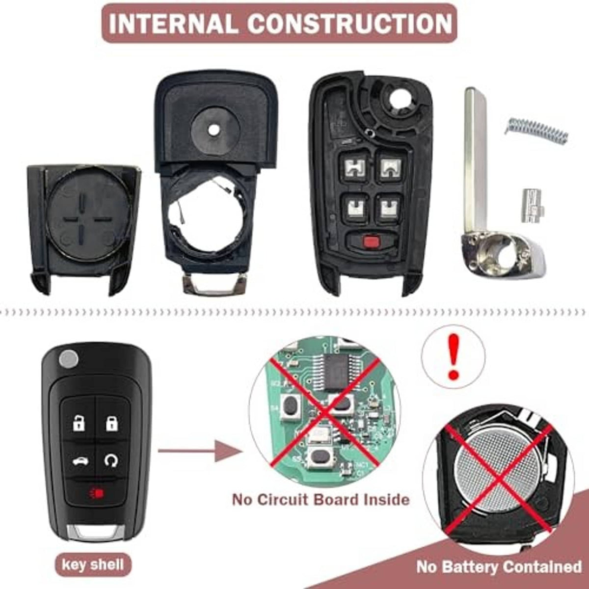 Black 5-button key fob shell with internal parts and button insert, no circuit board included