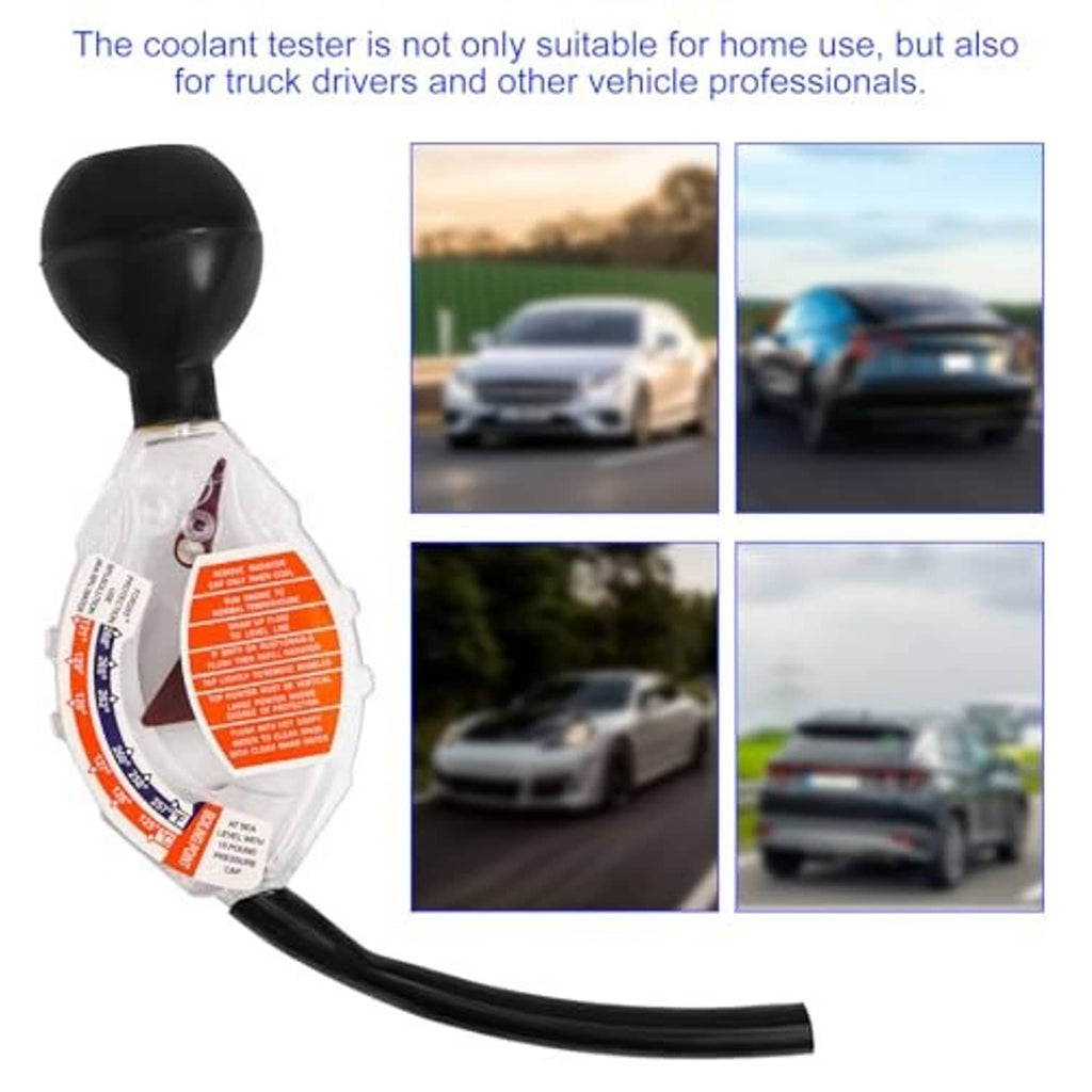 Antifreeze coolant tester in vehicle setting, black bulb with clear orange dial and hose