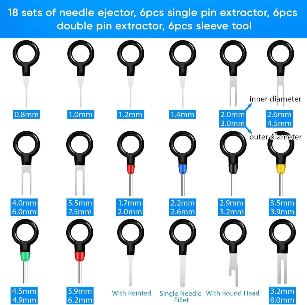 Needle ejector size chart showing multiple pin extractor types with inner/outer diameters