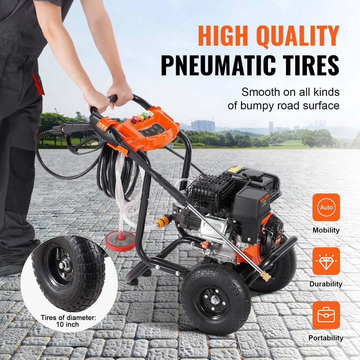 Gas pressure washer with large pneumatic tires on an orange-and-black frame