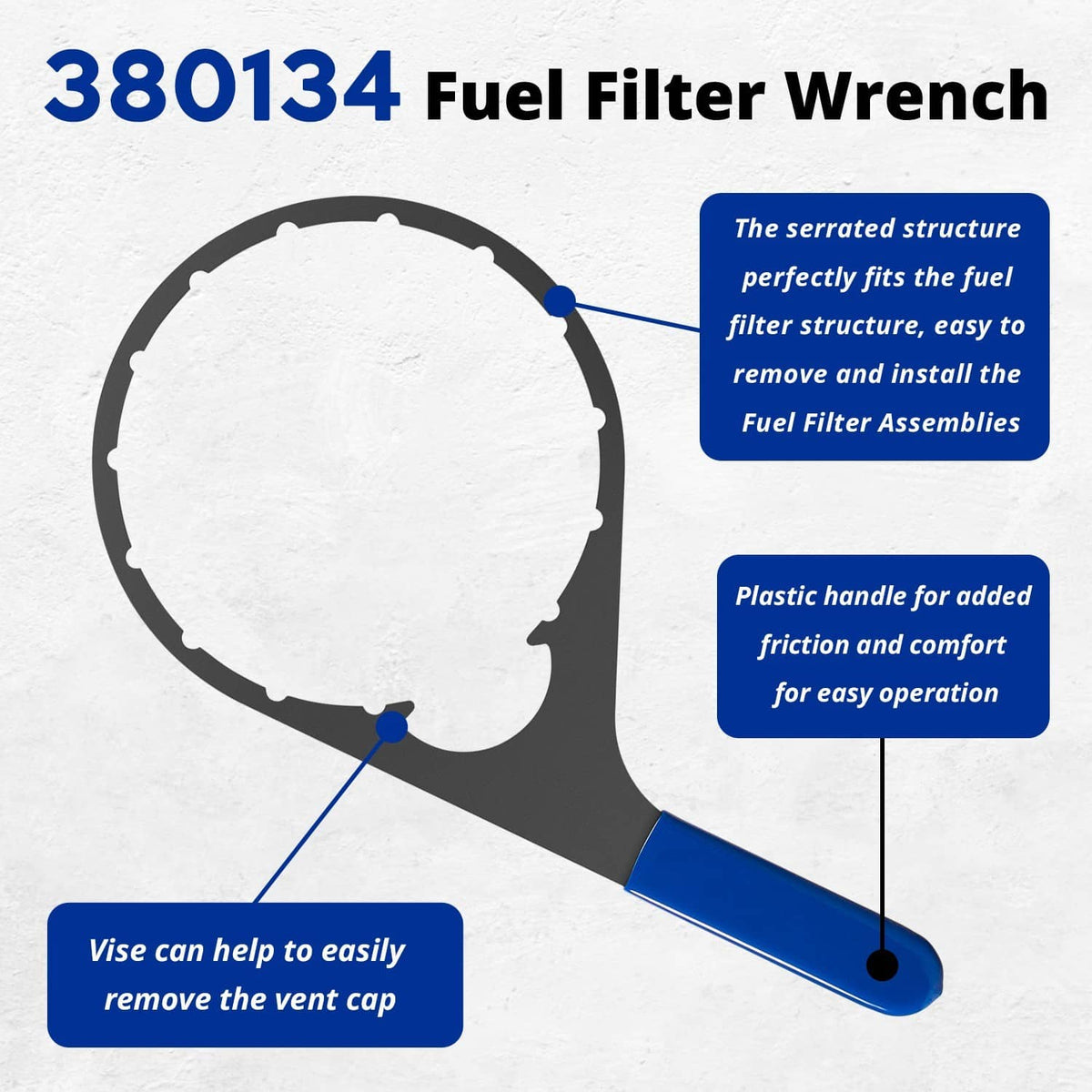 Fuel filter wrench with serrated circular head and blue handle for vent cap removal.