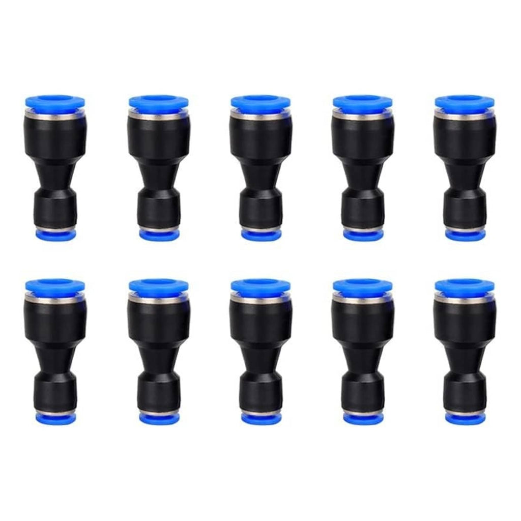Black push-to-connect tube reducer connectors with blue rings, multiple pieces