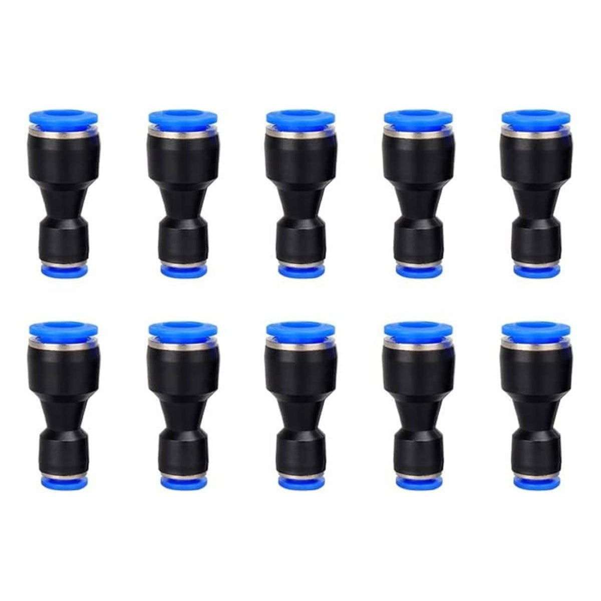 Black push-to-connect tube reducer connectors with blue rings, multiple pieces