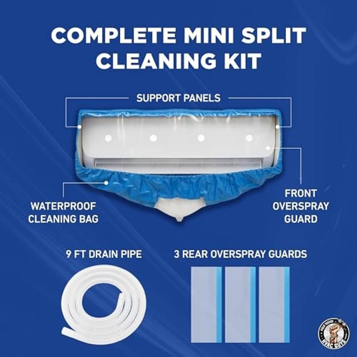 Blue waterproof mini-split cleaning cover with front guard and rear overspray guards