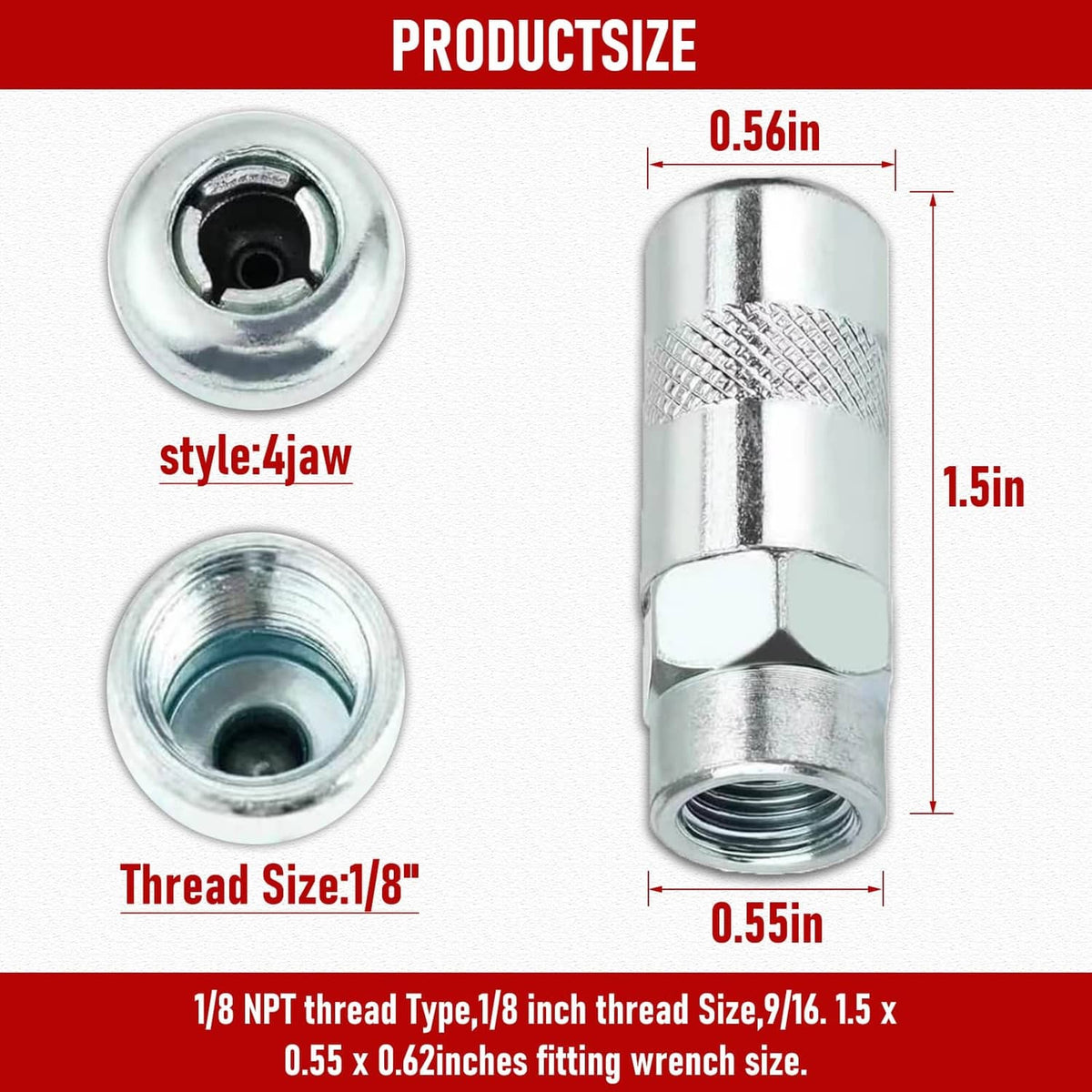 Steel 1/8 NPT grease gun coupler tip with hex body and threaded connection end