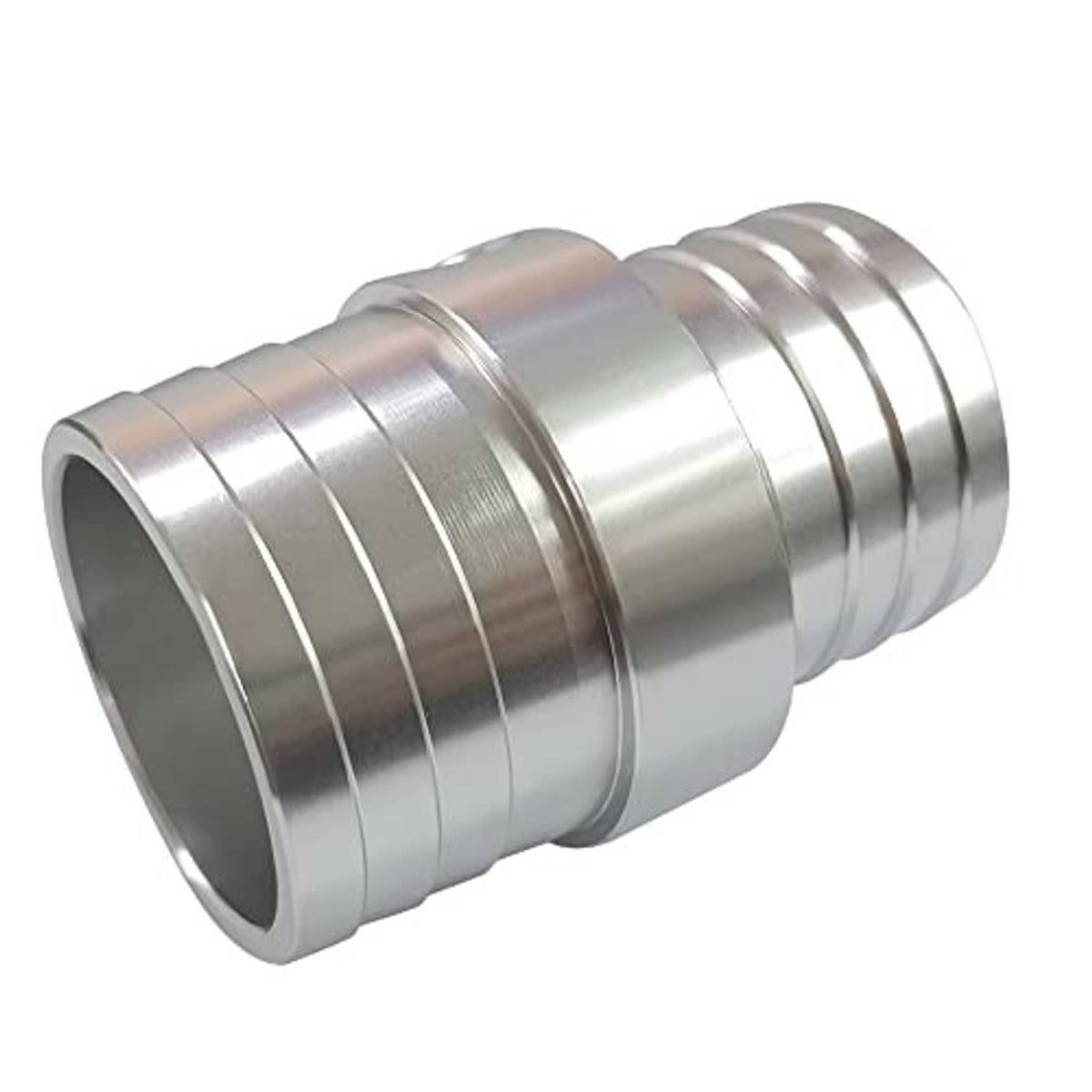 Metal radiator hose barb adapter, ridged body with large flanged end for hose