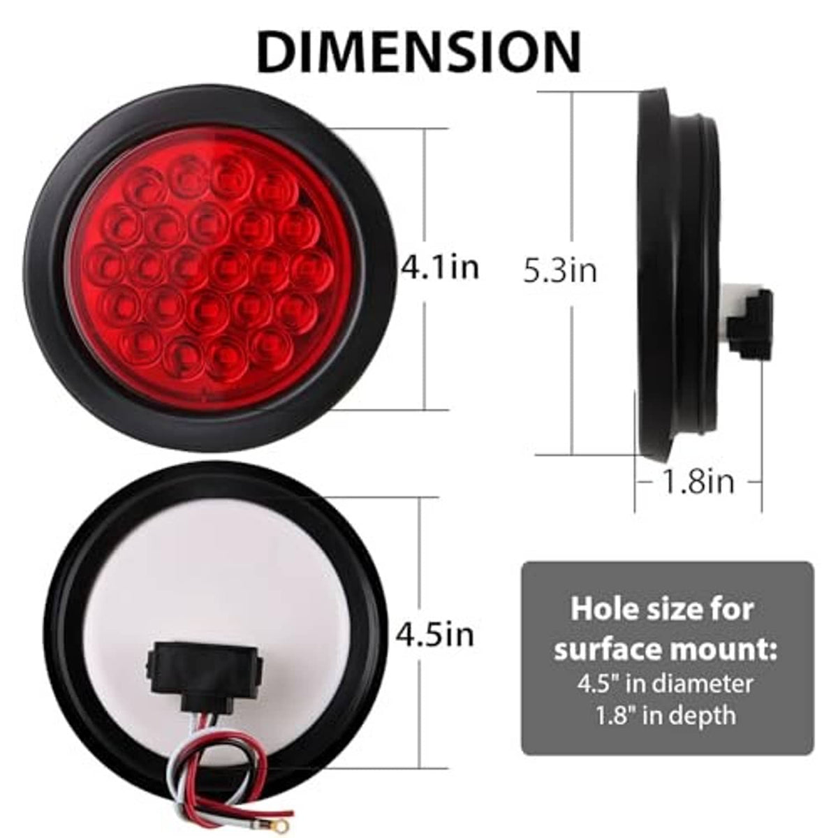 4-inch round red LED trailer tail light with size and mounting hole diagram