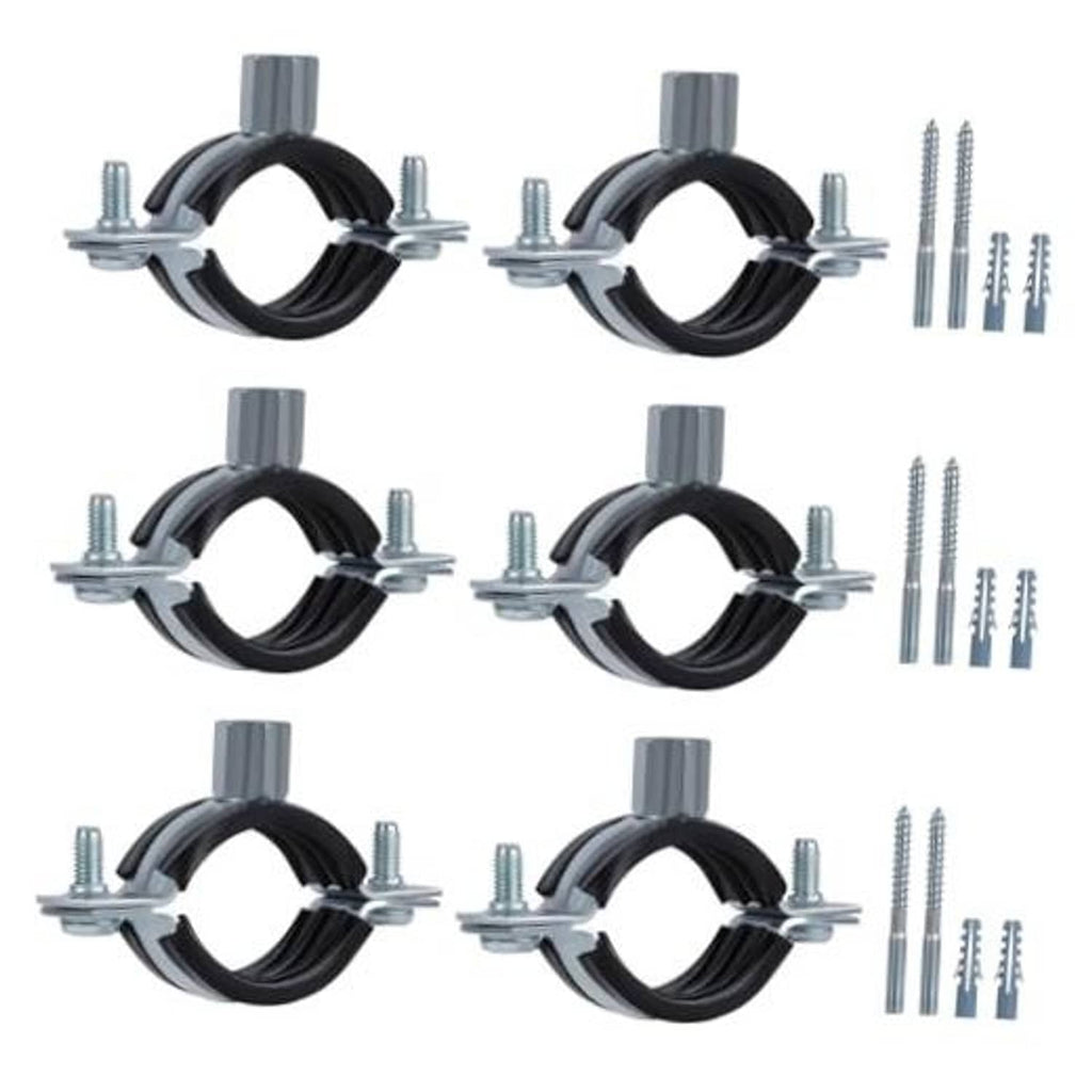 Set of black split ring pipe hangers with galvanized bolts and screws, heavy duty.