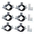 Set of black split ring pipe hangers with galvanized bolts and screws, heavy duty.