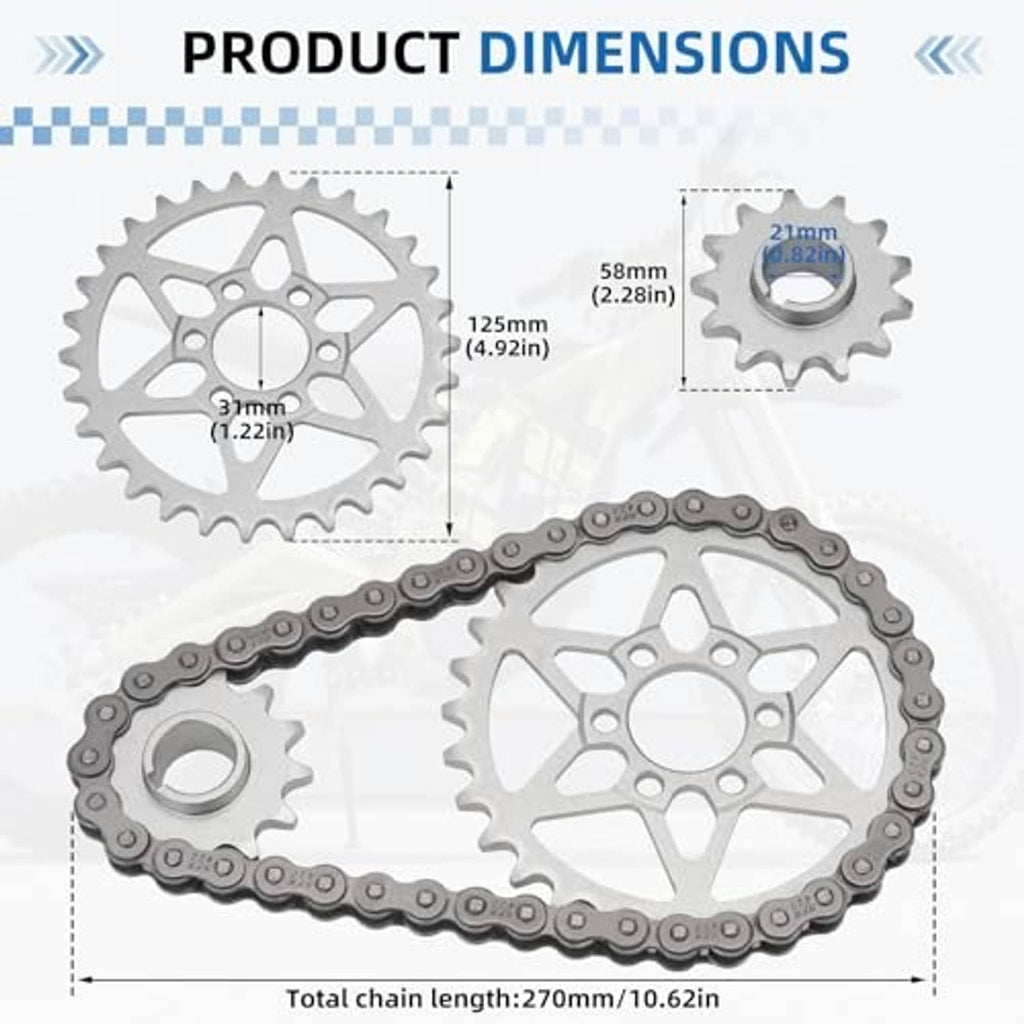 Drive sprocket and chain kit with measured rear sprocket, front gear, and chain length