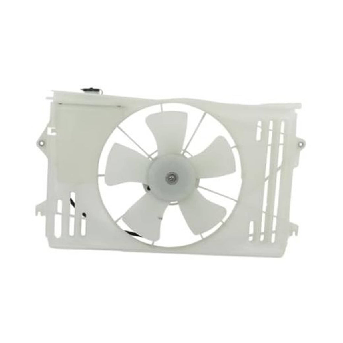 Radiator cooling fan replacement assembly with white fan blades and mounting frame