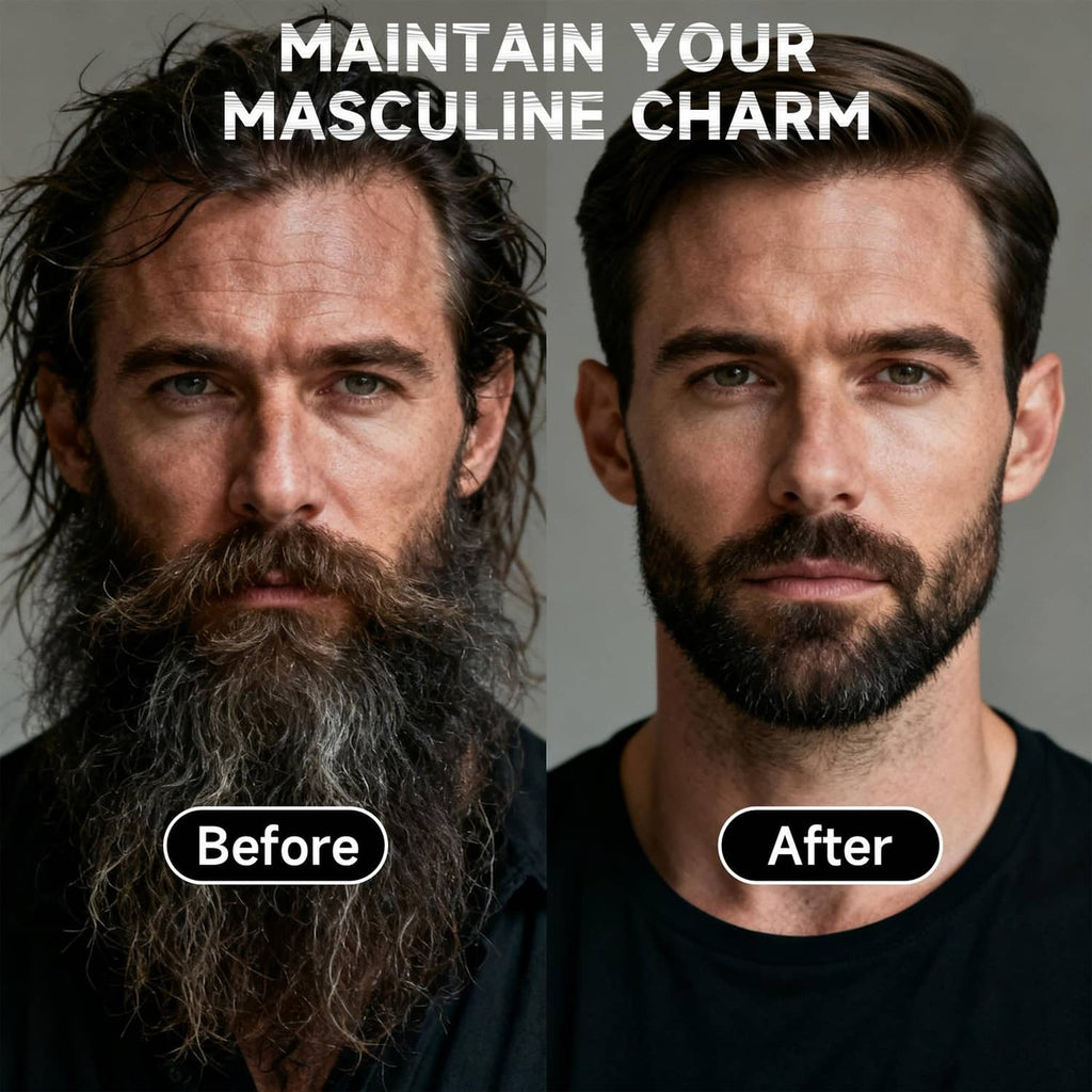 Beard grooming kit for styling facial hair, showing before and after