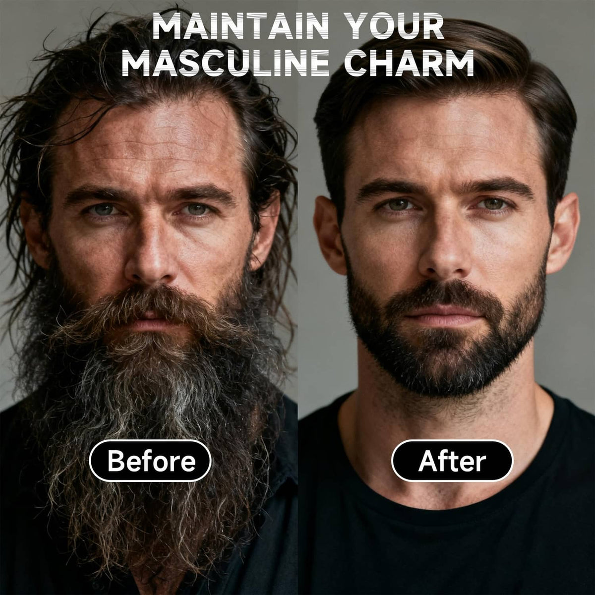 Beard grooming kit for styling facial hair, showing before and after
