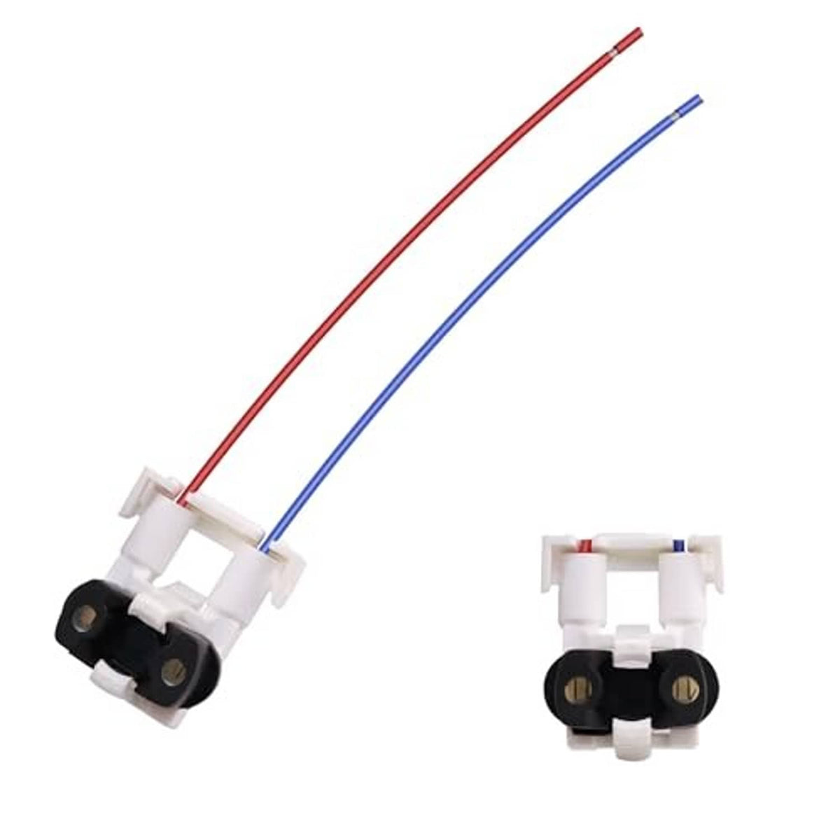 Fuel injector connector harness with red and blue wire leads and white plastic plug