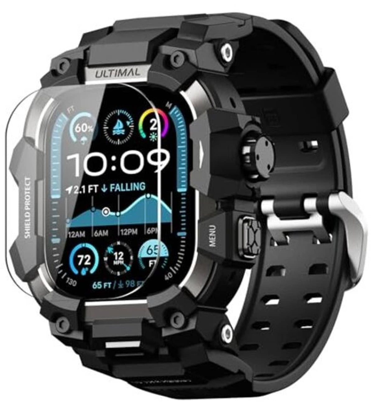 Black rugged smartwatch case and band with full-face screen protector