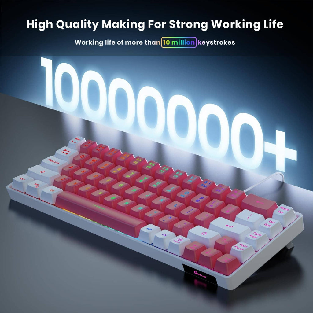 Pink RGB LED backlit wired keyboard with compact layout and white keycaps