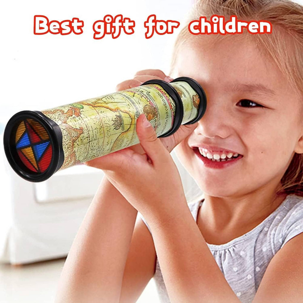 Kids kaleidoscope toy tube with map-style print and black end caps, held by a child