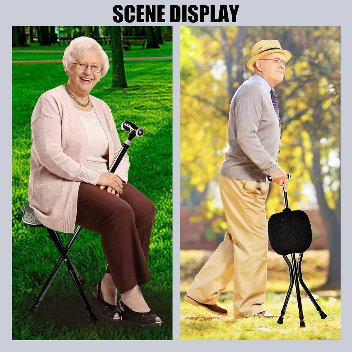 Black folding cane with seat for outdoor walking, tripod legs