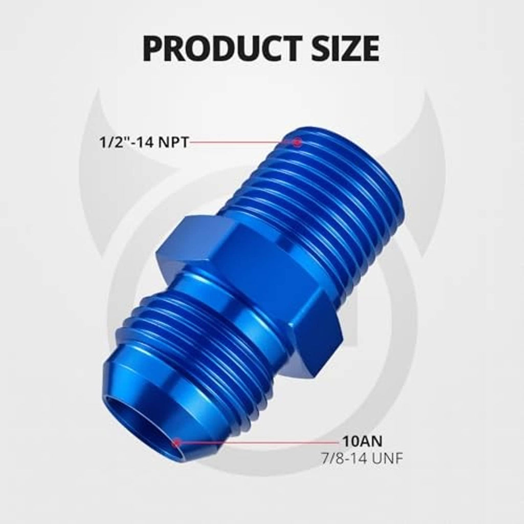 Blue AN flare adapter fitting with 1/2-14 NPT and 7/8-14 UNF threads