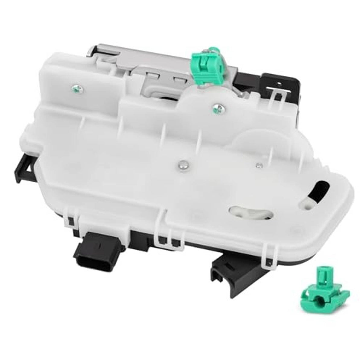 Door lock latch actuator, white plastic housing with green wiring plug detail