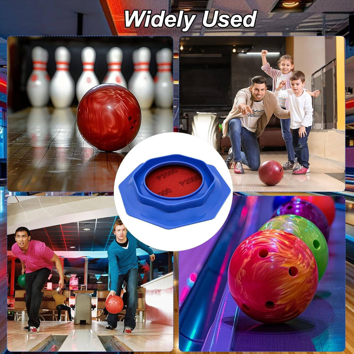 Blue bowling ball sanding pad holder with red sandpaper pad and black octagonal grip ring