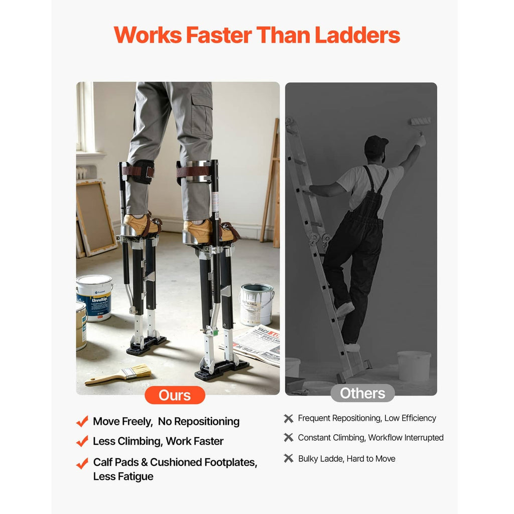 Adjustable drywall stilts with calf supports and cushioned foot pads for stable floor standing
