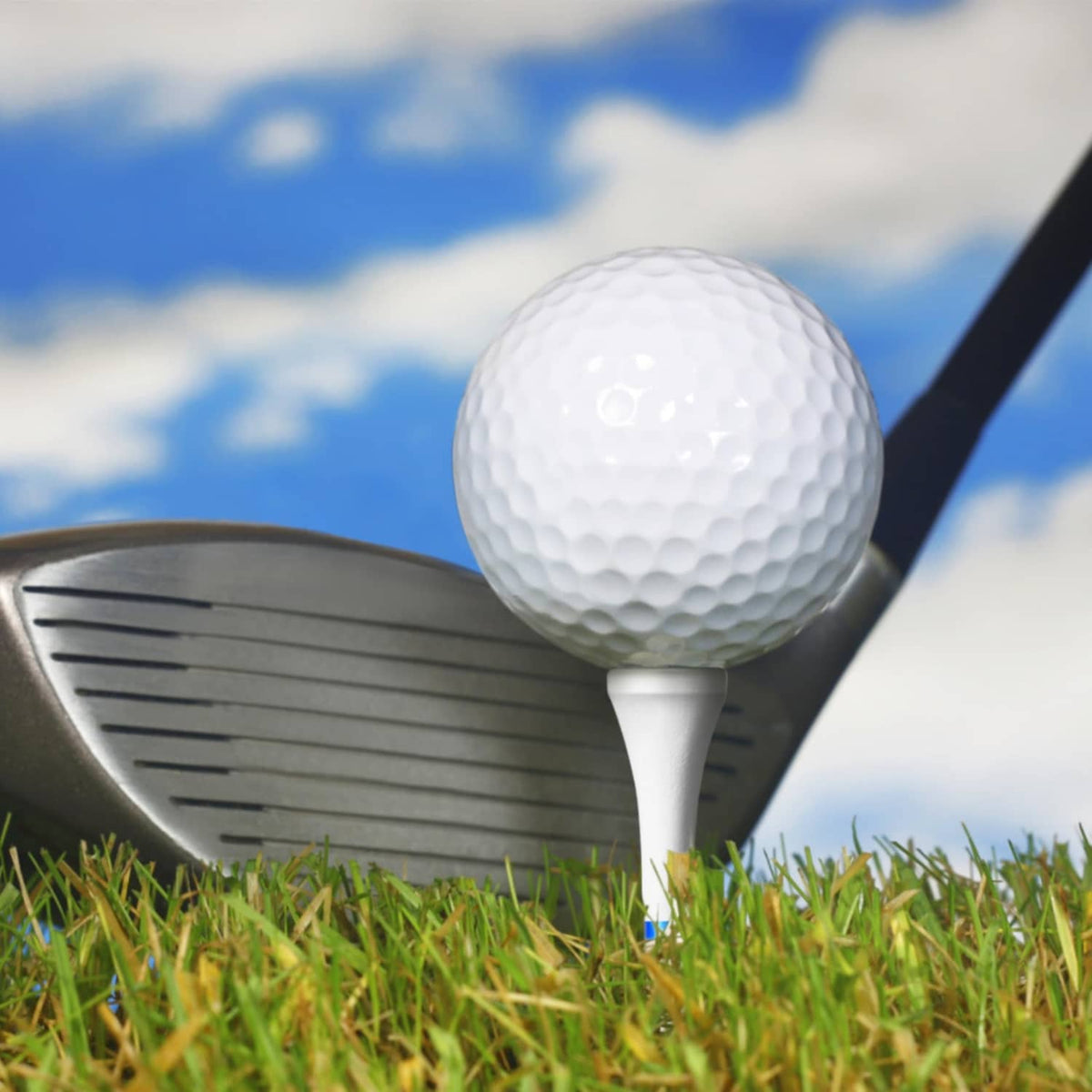 Wood golf tee in grass holding a white golf ball, with a visible blue stripe band