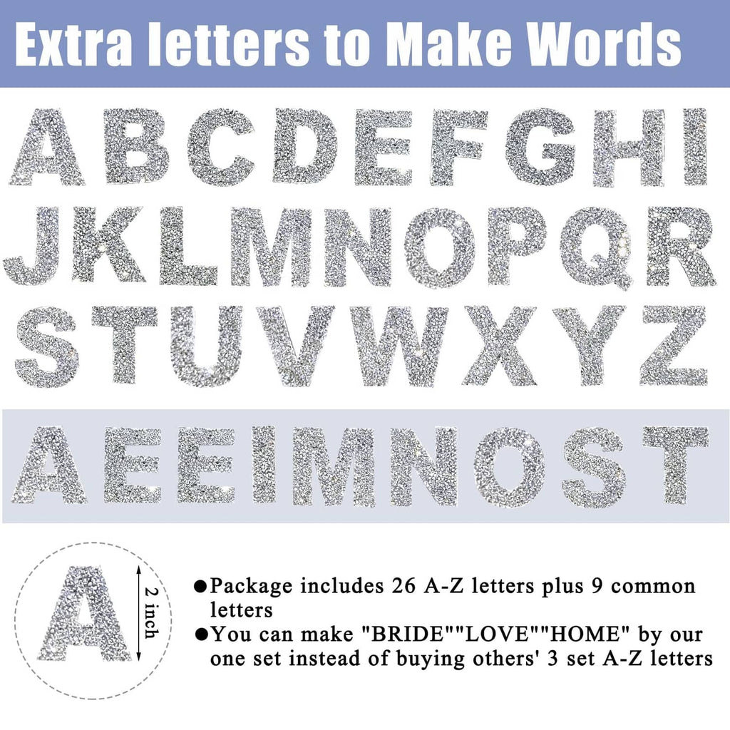 Rhinestone alphabet letter patches A-Z in silver sparkle, for making custom words