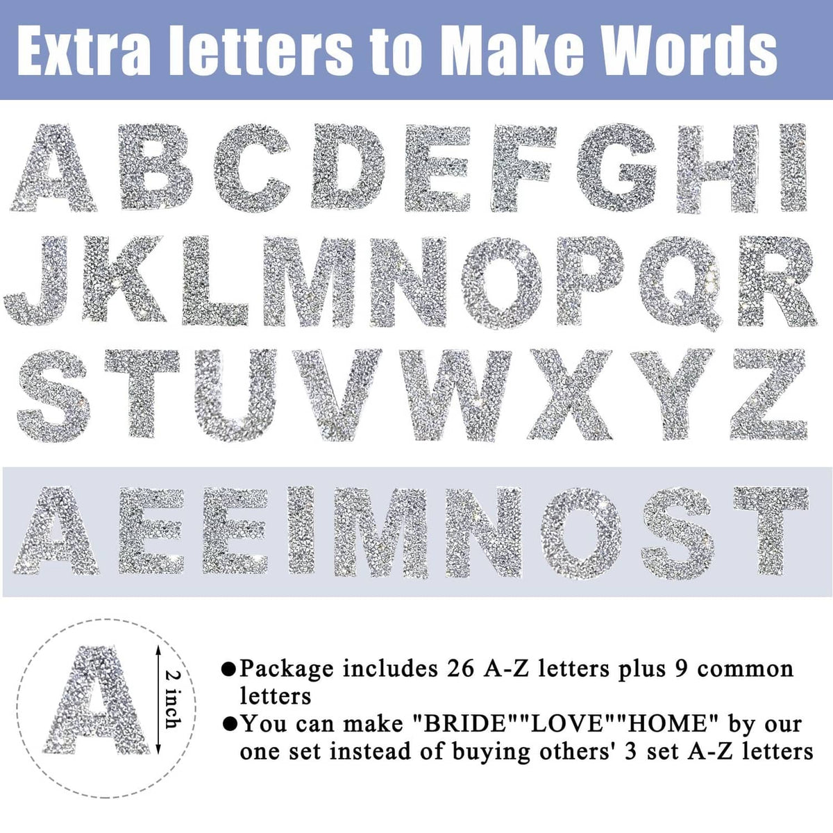 Rhinestone alphabet letter patches A-Z in silver sparkle, for making custom words