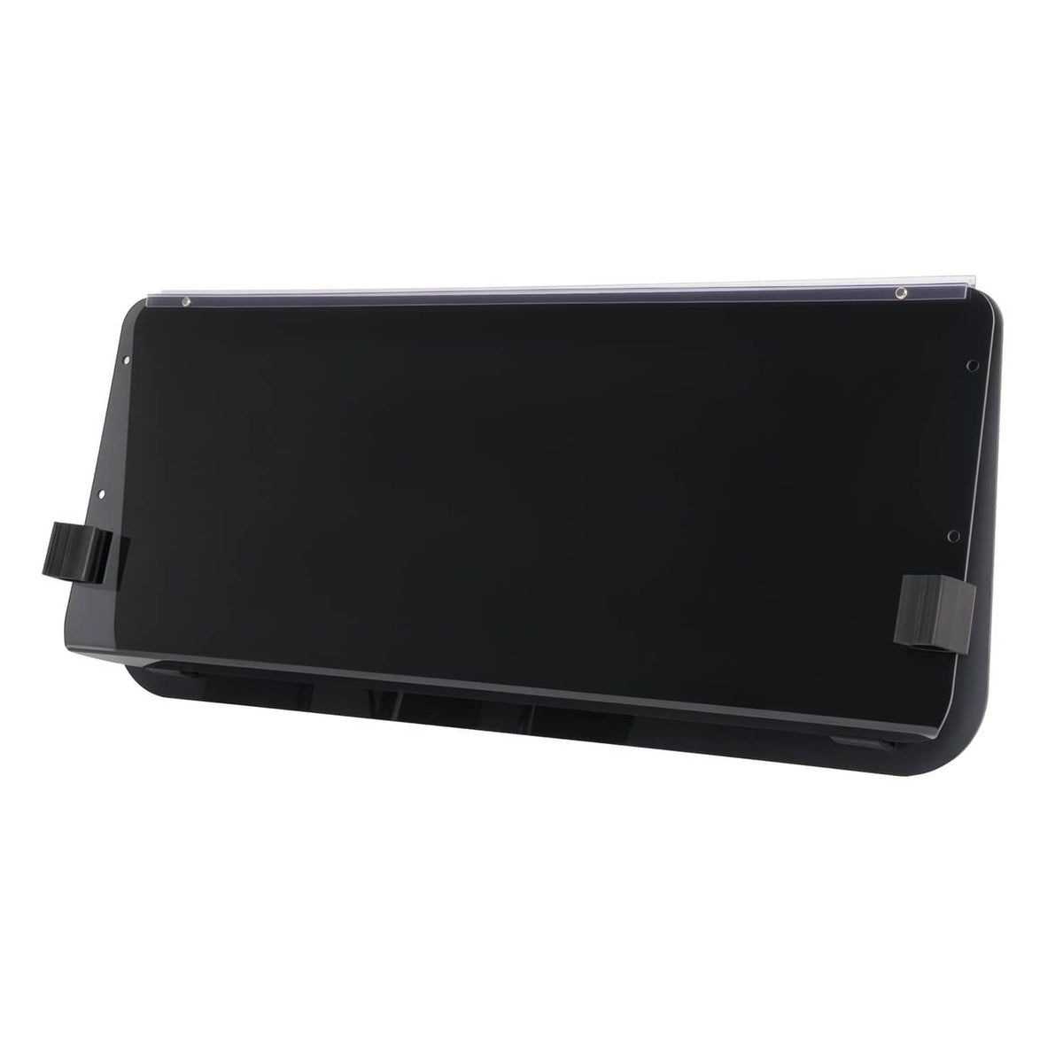 Tinted fold-down golf cart windshield, dark gray, angled view with mounting blocks