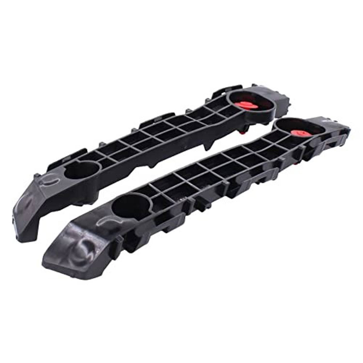 Two front bumper support brackets with grid channels, black with red cap fasteners