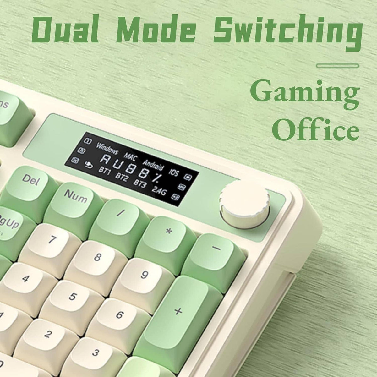 White-and-mint dual-mode keyboard with media dial, numpad section, and RGB backlight