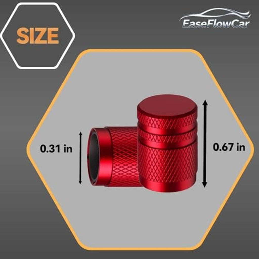 Red metal tire valve stem cap showing textured top and threaded opening