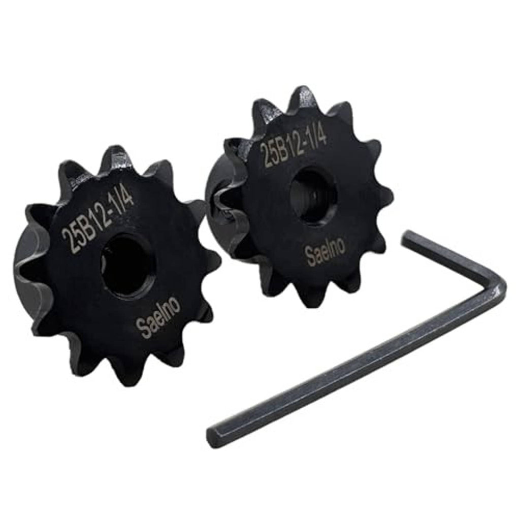 Black 2-piece roller chain sprocket pair with central bore and included L-shaped hex key