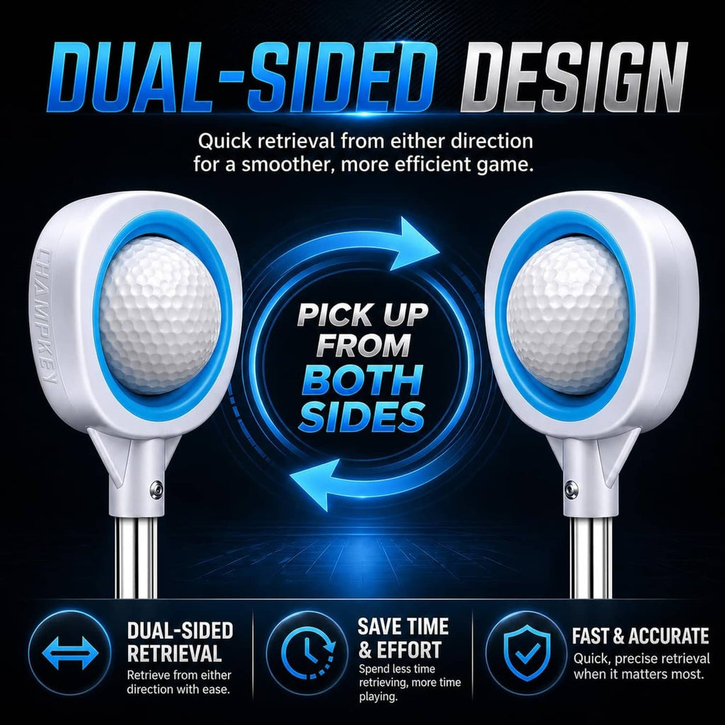 Dual-sided pressure golf ball retriever with two blue scoop ends and long shaft