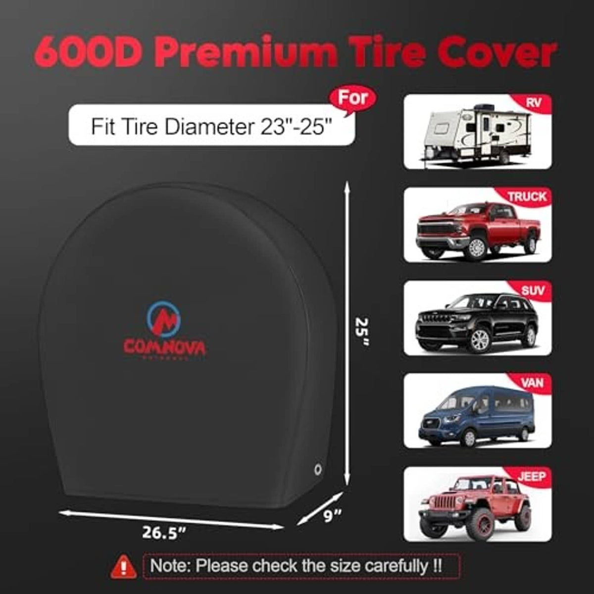 Black RV tire cover for 23–25 in tire diameter; COMNOVA logo, hooded shape