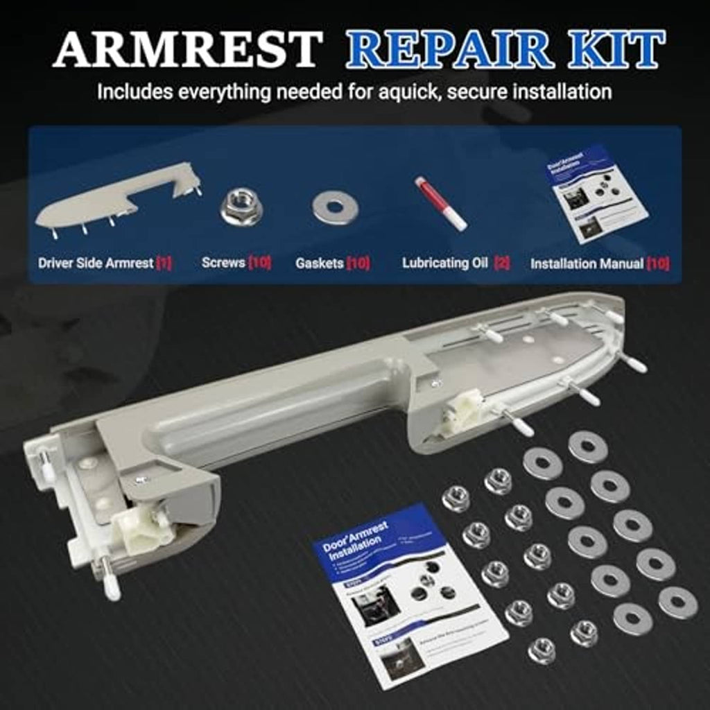 Armrest repair kit bundle with armrest parts, screws, gaskets, and installation manual