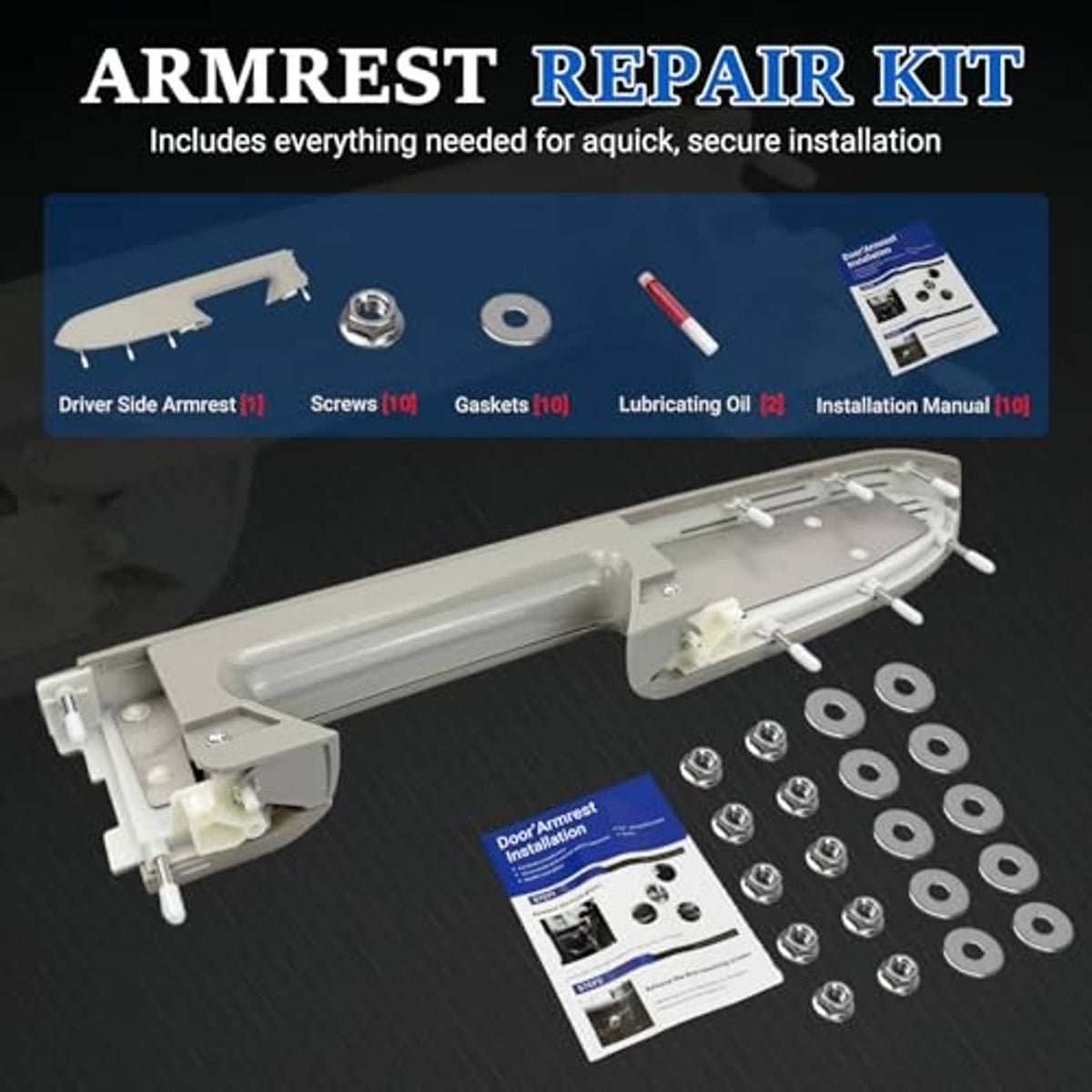 Armrest repair kit bundle with armrest parts, screws, gaskets, and installation manual
