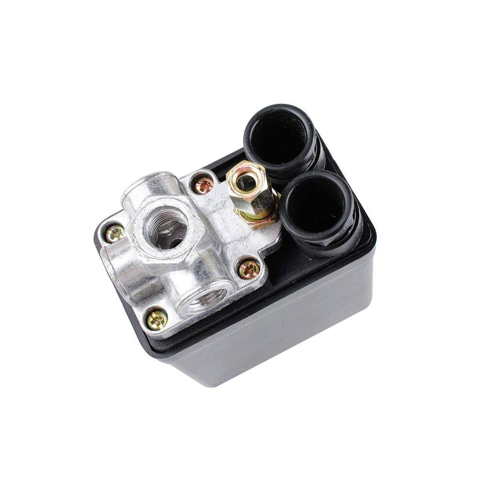 Air compressor pressure switch valve with two black ports and silver metal inlet plate