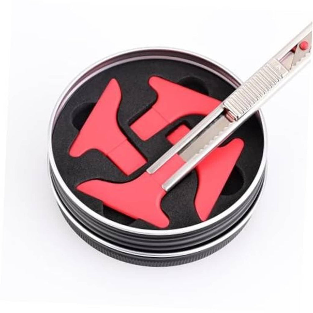 Vinyl wrap knife tucker tool with red/black insert and silver handle in round case