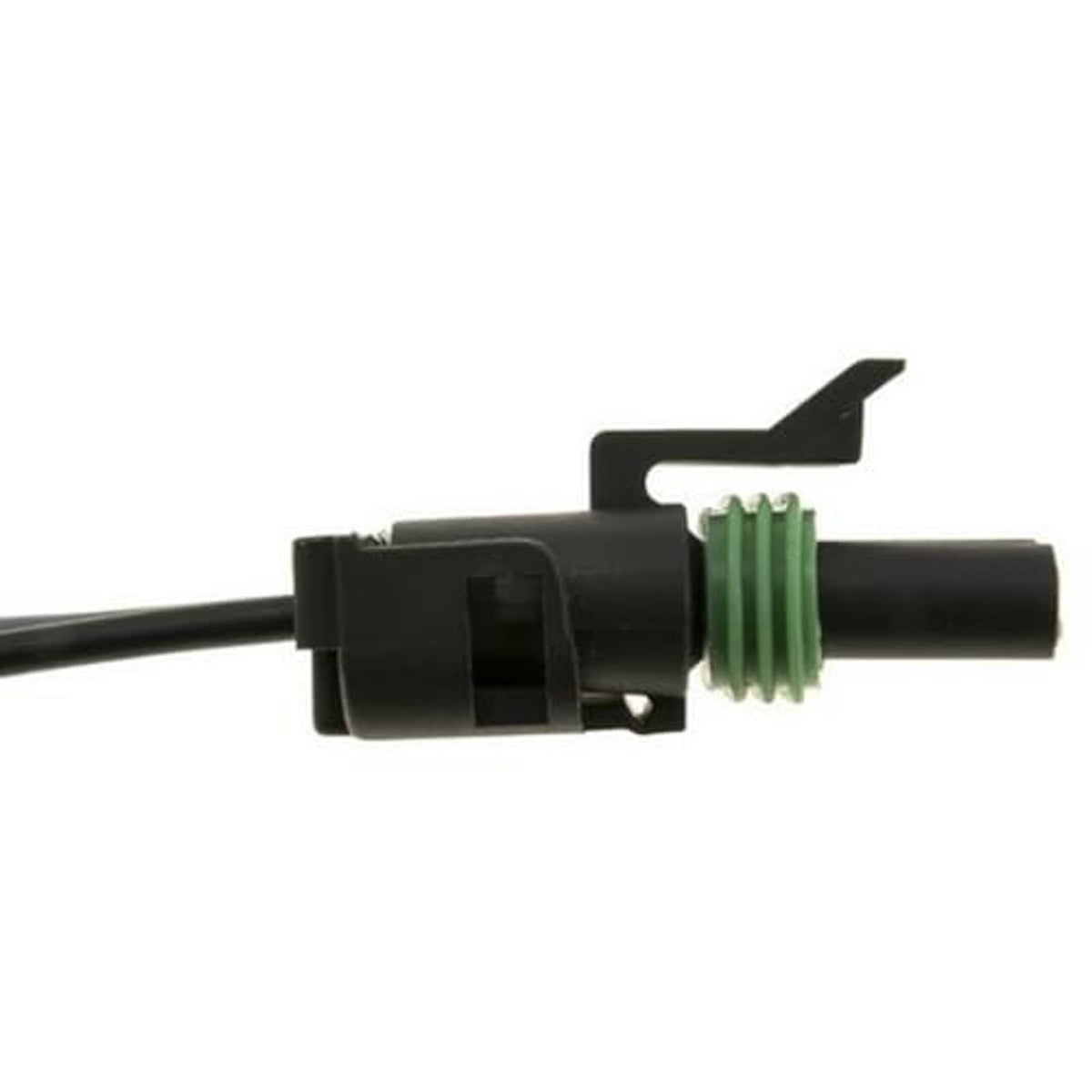Throttle position sensor connector pigtail with black housing, green spring clip, wire end