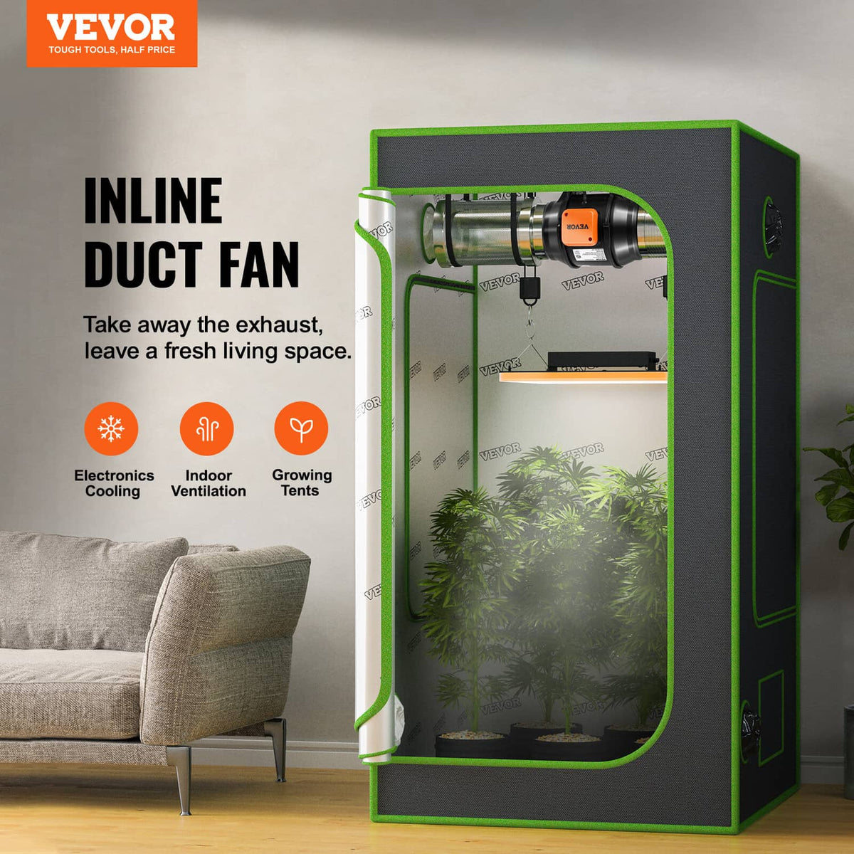 Inline duct fan installed in a grow tent with orange VEVOR control module