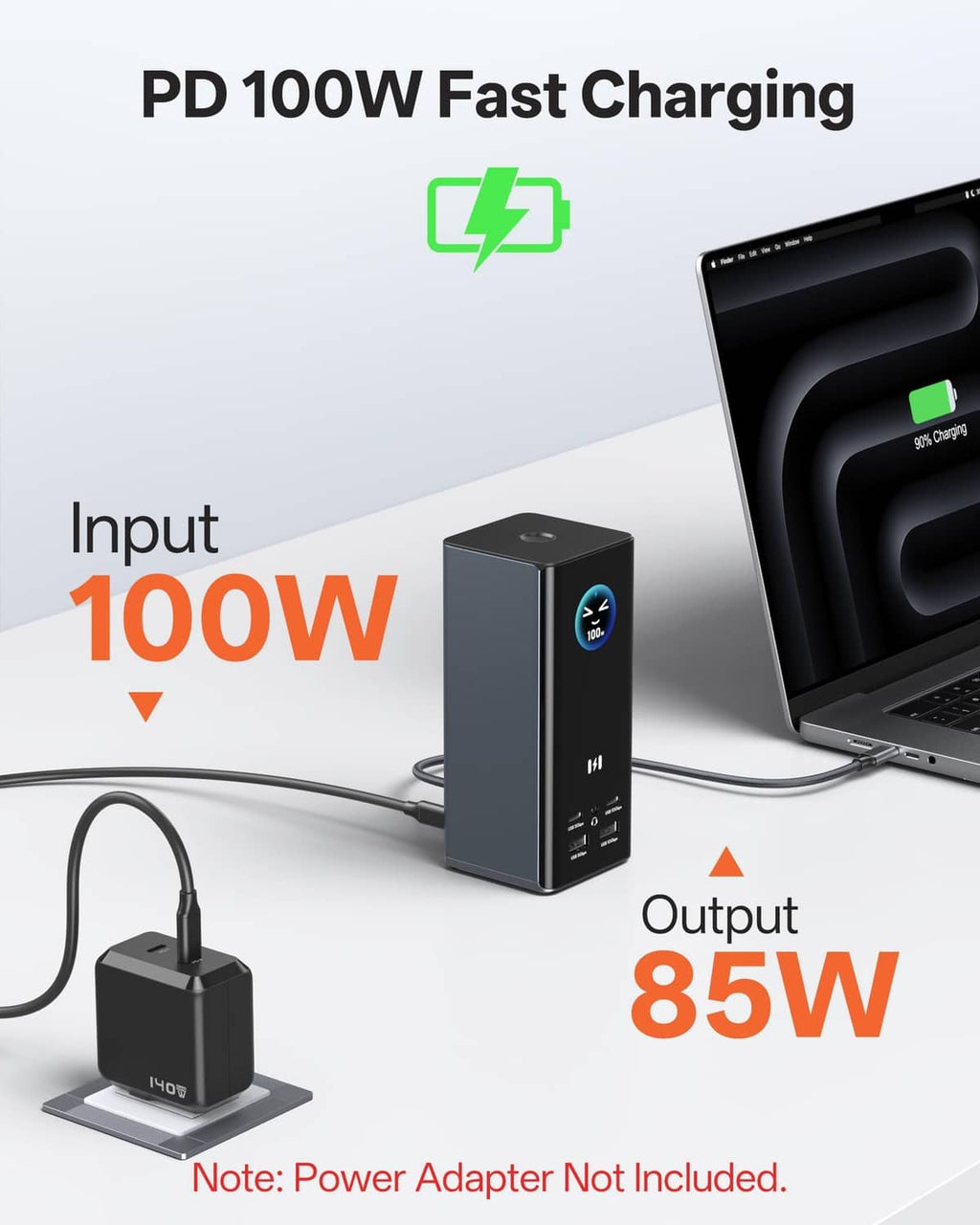 Dark gray docking station with fast-charging input and output power icons